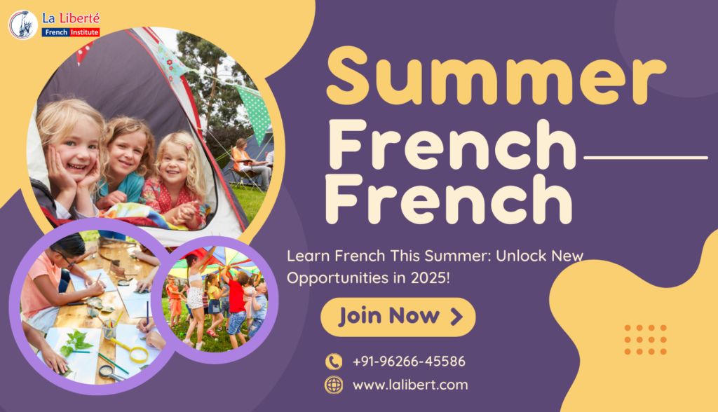 "Students learning French at La Liberté French Institute in Pondicherry - Interactive summer courses for all levels, online and offline options available."
